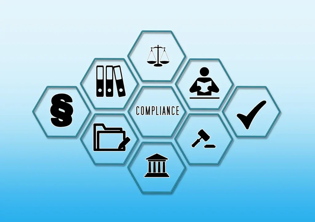 AML compliance icons representing legal, document management, and regulatory enforcement.