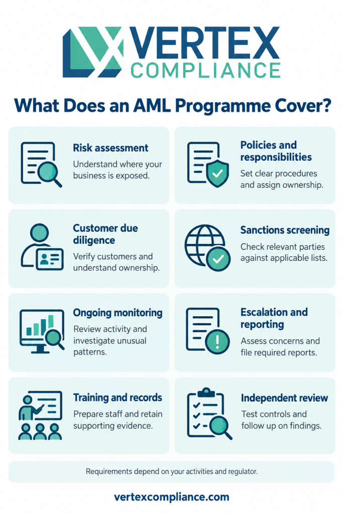 Main areas of an AML programme, including risk assessment, customer checks, sanctions screening, monitoring, reporting, training, records and independent review